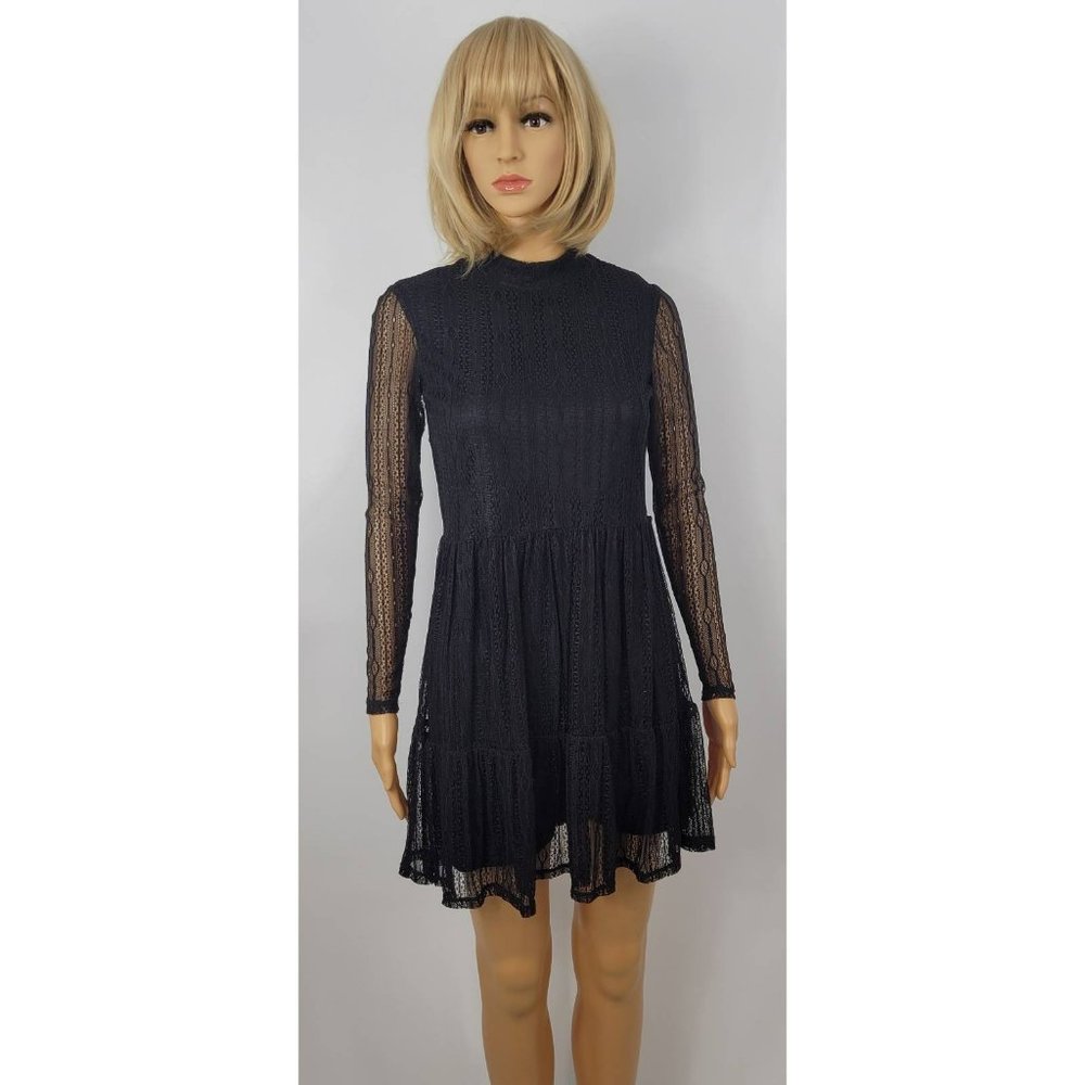 Lily Rose Womens Fit & Flare Dress Black Keyhole Mock Neck Long Sleeve S New